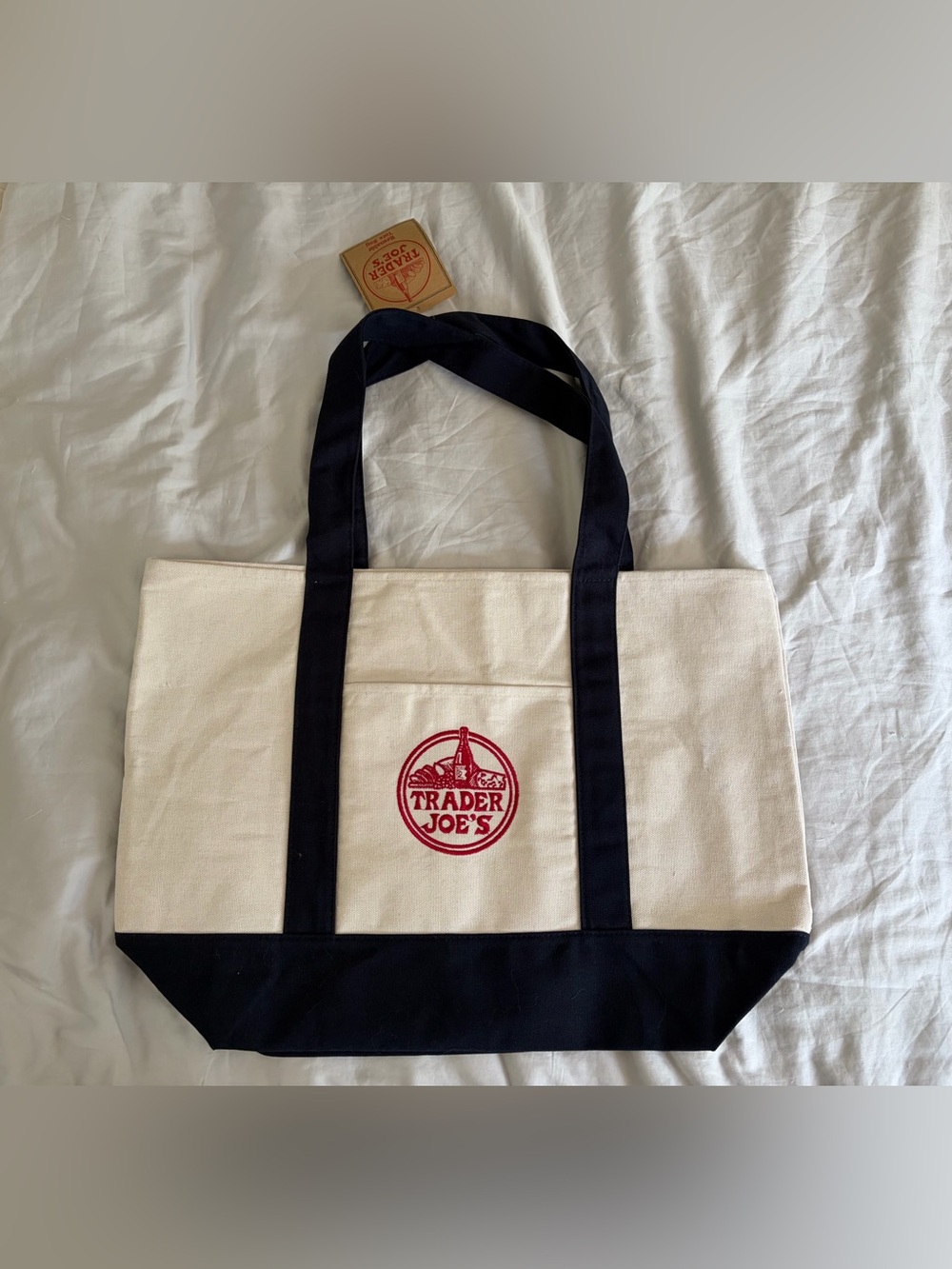 Trader Joe’s Large Canvas Tote Bag in Natural and Black with Red Logo